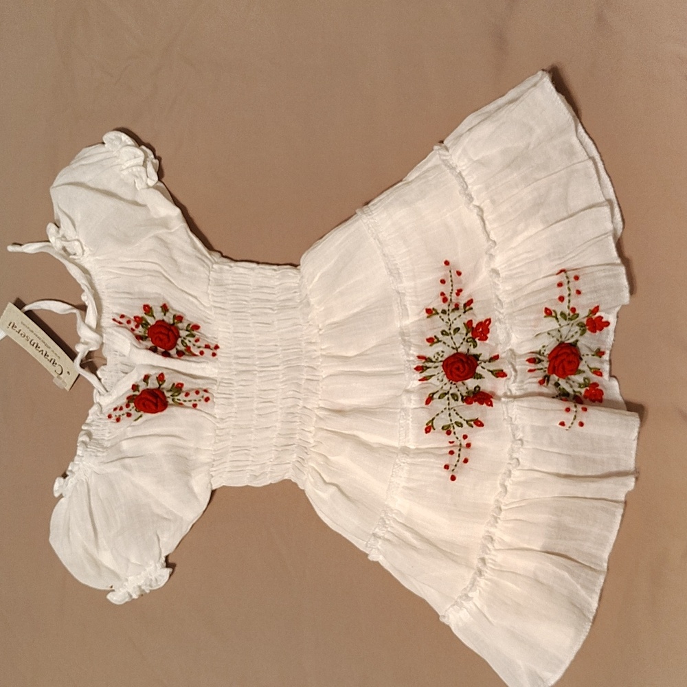 Caravanserai White Dress with Red Floral Embroidery